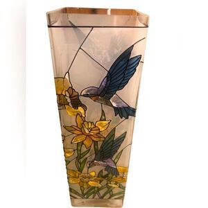 Vintage Joan Baker Designs Daffodil Hummingbird Hand Painted Vase Stain Glass